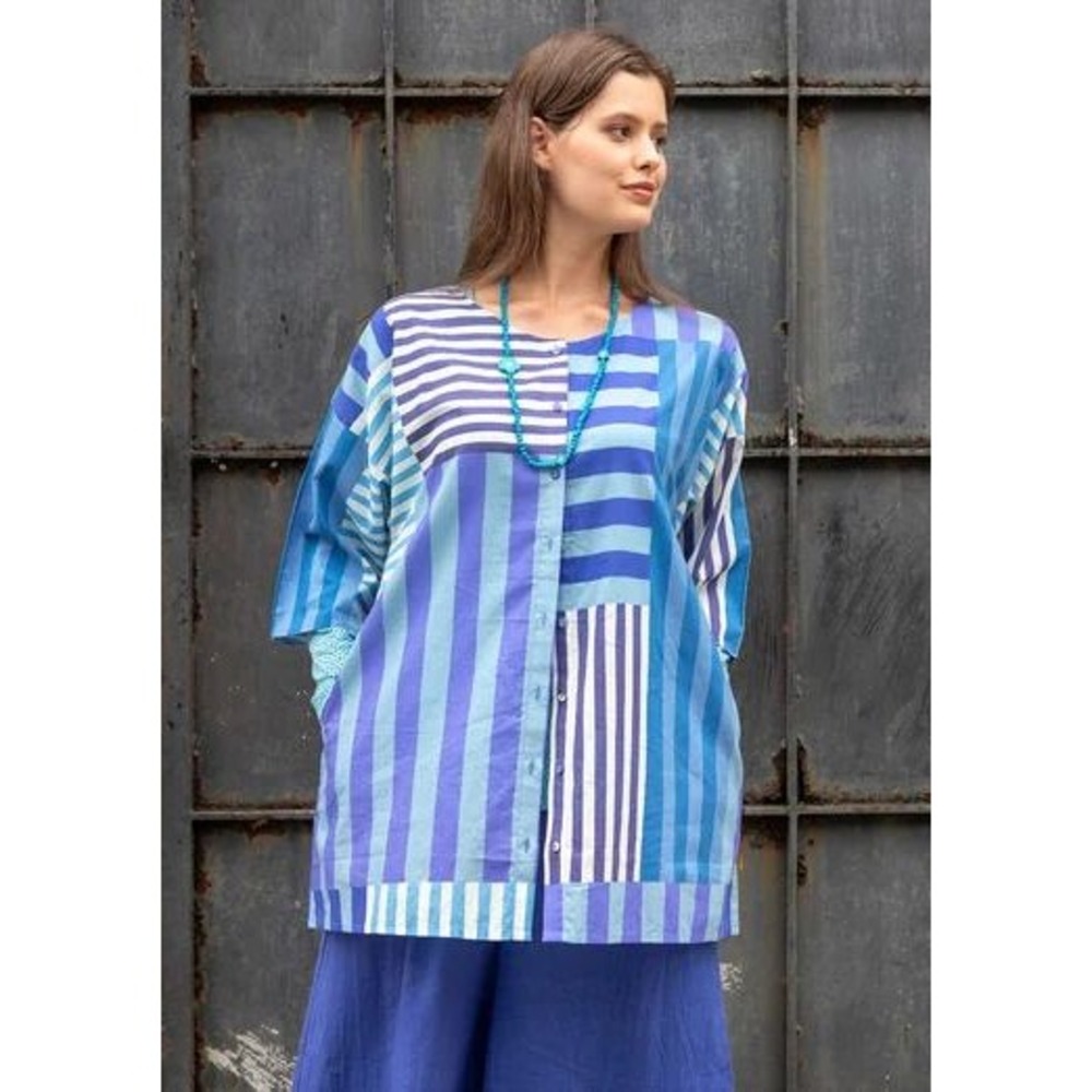 NWOT Gudrun Sjoden Cherai Woven Organic Cotton Blouse Blue Striped XL